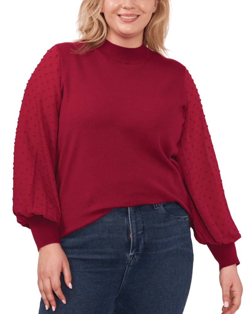 Front of a model wearing a size 1X Tori Mock Neck Sweater in Deep Merlot by CeCe. | dia_product_style_image_id:263490